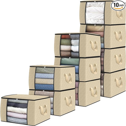 10 Pack Storage Bags for Clothes Blanket Storage Bins with Lids | Foldable Closet Organizers with Zippers,Window and Handles,Fabric Storage Bins for Sweater,Comforter,Bedding,Dorm essentials by Fabtotes