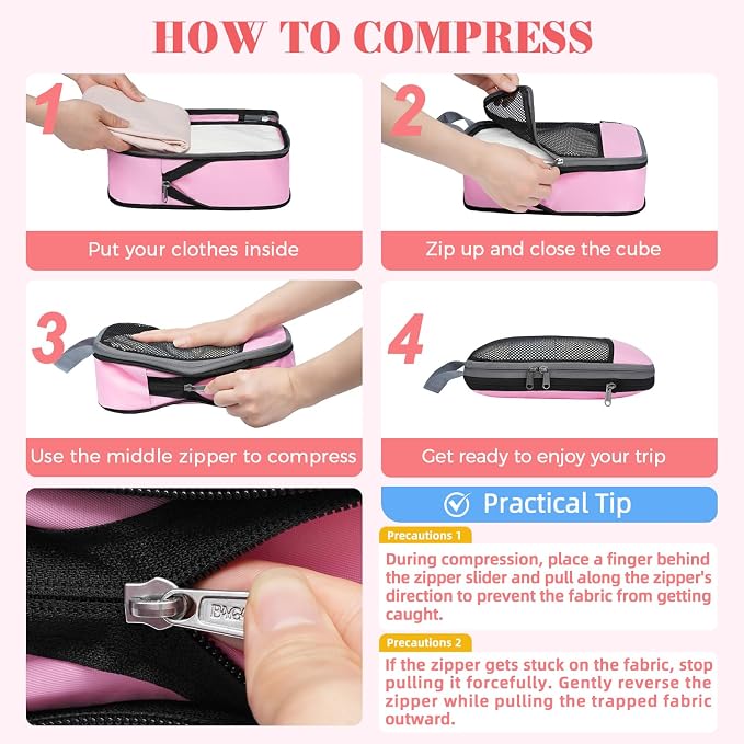 BAGAIL 4 Set/6 Set/8 Set Compression Packing Cubes Travel Accessories Expandable Packing Organizers (Half Mesh, 6-Pink) - Image 4