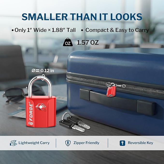 Forge 1''x1'' TSA Approved Luggage Locks: Ultra Secure dimple Key Travel Locks with zinc Alloy Body, for Luggage, Travel Cases, Backpacks, Red 2PK. - Image 3