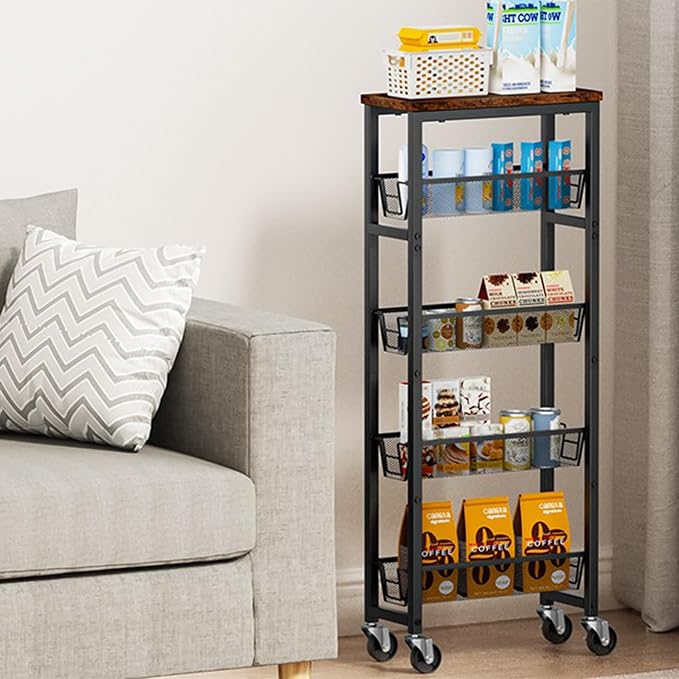 Slim Rolling Cart, 4-Tier Storage Cart, 9.1inch Narrow Kitchen Rolling Cart on Wheels for Small Space, Utility Cart Shelving Unit with Wooden Top and Metal Handle for Kitchen, Bathroom, Laundry Room - Image 6
