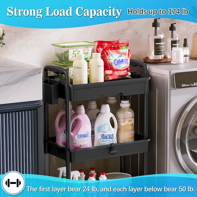 SUNALLY 3 Tier Rolling Cart with Drawer, Craft Storage Cart Organizer,Black | Bathroom Storage Organizer with 2 Lockable Wheels, Rolling Utility Cart for Kitchen, Office, Baby, Makeup, Nail,Snack,Laundry - Image 4