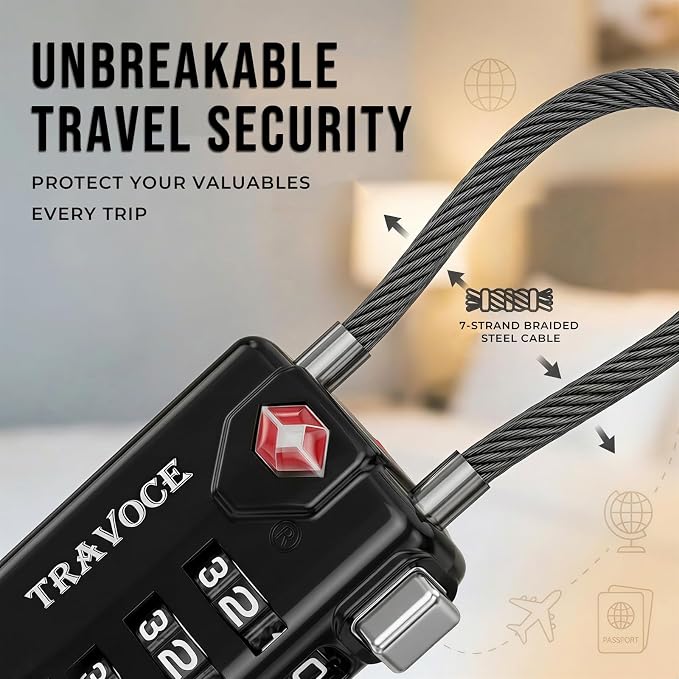 TSA Approved Luggage Locks, Combination Cable Locks,2 Pack, Black | Search Alert shows TSA key access; resettable 3-digit code and flexible braided steel cable for suitcases and backpacks. - Image 8