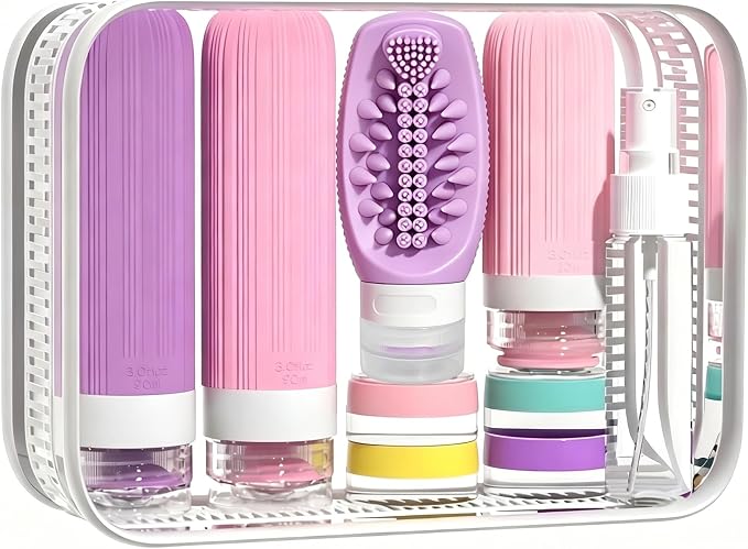 Vitog 16 Pack Travel Bottles with Soft Brush, TSA Approved Silicone Travel Containers for Toiletries, Squeezable Leak Proof Refillable Travel Accessories for Conditioner, Shampoo, Lotion & Body Wash by Vitog