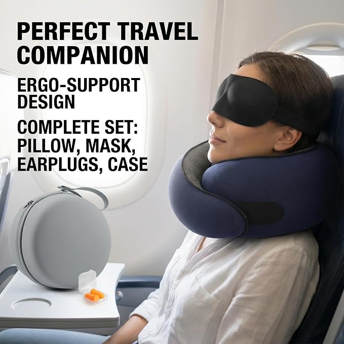 Travel Neck Pillow with Memory Foam & Chin Support – Includes Cute Macaron EVA Water-Resistant Carry Case, Eye Mask & Ear Plugs (Navy Color) - Image 5