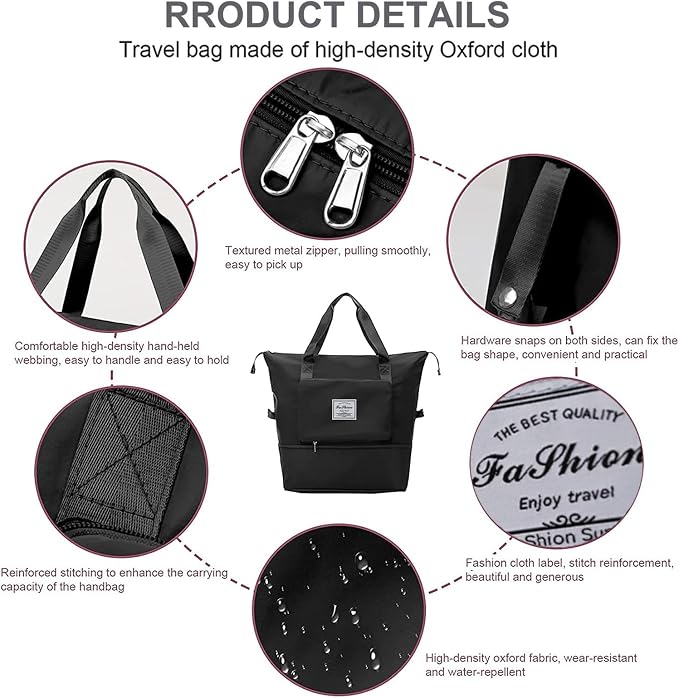 Large Capacity Folding Travel Bag, Lightweight Waterproof Luggage Bag, Expandable Travel Duffel Bag, Dry Wet Separated Gym Tote Bag, Weekender Overnight Bag for Women and Man (Black) - Image 6