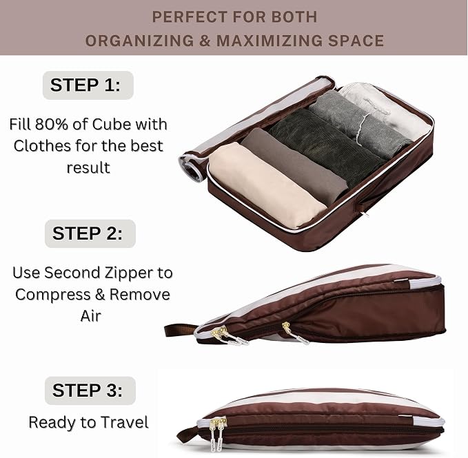 Extra Large Compression Packing Cubes for Checked Luggage, Lightweight Suitcase Organizers & Space Saver Bags - Travel Cubes for Packing - 2pc Set, X-Large - Brown Cabana Stripe - Image 6