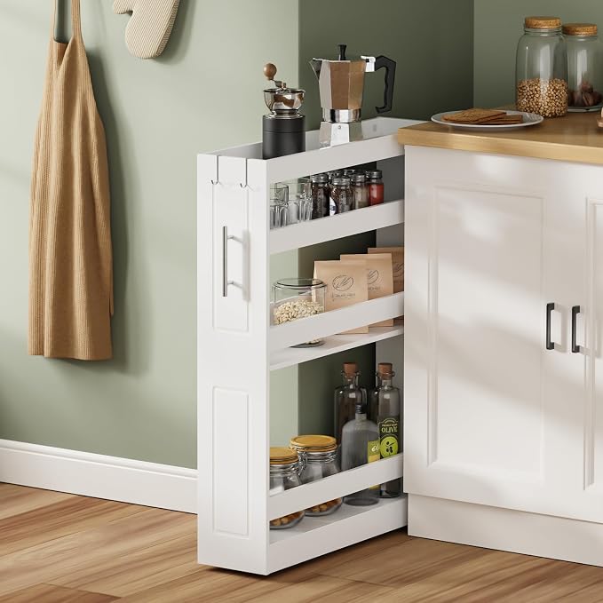 SoBuy 4 Tier Slim Rolling Cart with Wheels, Slim Storage Cart, White | Narrow Bathroom Storage Cabinet, Round Handle, Hidden Casters, 7.09" Gap Cart For Kitchen, Bathroom & Laundry - Image 9