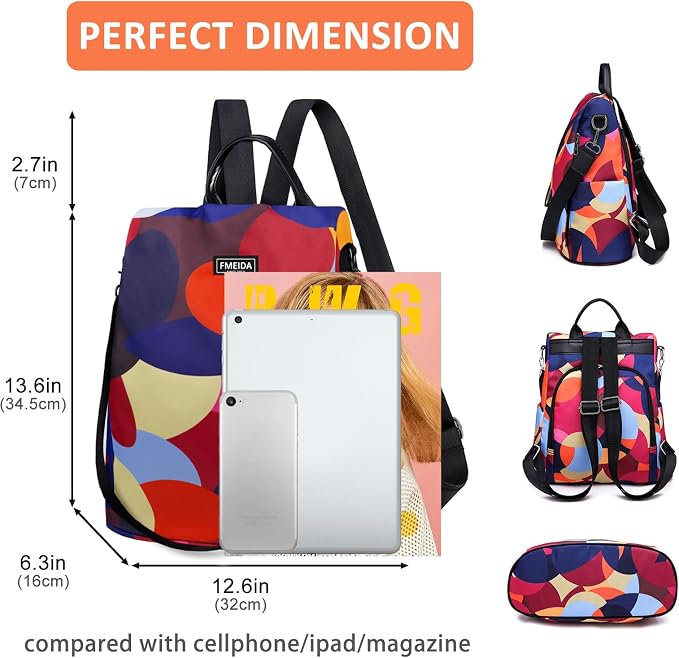 Backpack for Women Anti Theft Back Pack Purse Waterproof Nylon Backpack for College Bookbag Fashion Travel Shoulder Bag Colorful Polka Dots | Hidden Back Zipper Opening, Compact Travel Size, Waterproof Nylon, Daypack for College Work, Colorful Polka Do... - Image 3