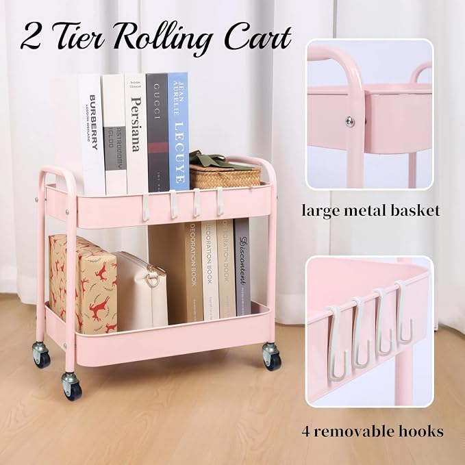 Pink 2 Tier Rolling Cart Metal with Wheels Under Desk Storage Cart for Small Space Organization, Small Trolley for Pantry Room Laundry Bathroom Kitchen Office Art Snack Baby Supplies - Image 8