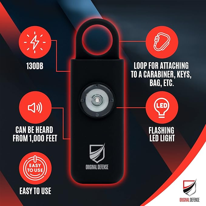 Original Defense® Siren Self-Defense Alarm - 130 dB Keychain Alarm with LED Strobe Light for Women, Children, and Elderly - Police Recommended - (Black, 1 Count) - Image 2