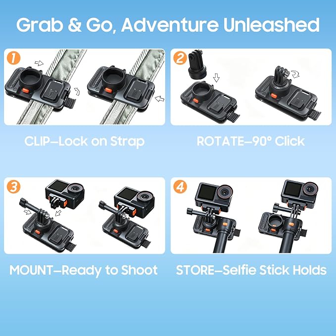 Camera Clip for Backpack Strap Mount,Adjustable Backpack Camera Mount with Multi-Function Adapter,Hands-Free POV Mount for GoPro,DJI Osmo,Insta360(Carbon Black)(No Selfie Sticks & Cameras) - Image 9