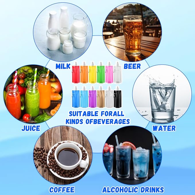 Teenyyou 36 Pack Collapsible Water Bottles Bulk 16oz Foldable Water Bottles with Carabiner Reusable Drinking Leak Proof Container Bags for Sport Biking Hiking Camping Travel Outdoor (12 Colors) - Image 7