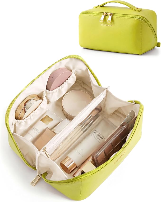 BAGSMART Makeup Bag Travel Cosmetic Bag,Women Toiletry Case, Light Green | Make Up Bag Flat Open Toiletry Bag for Women, PU Leather Travel Essentials Wide-open Skincare,Brushes Organizer Case Large by BAGSMART