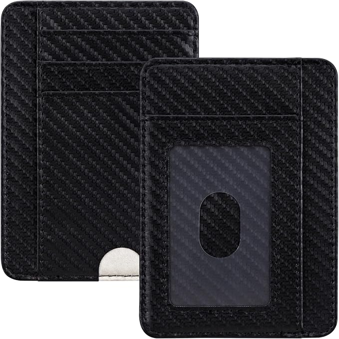 HOTCOOL Slim Wallet for Men, Minimalist Front Pocket Simple Leather Credit Card Holder RFID Blocking for Men & Women, Thin Organizer Gifts, Carbon Fiber - Black by HOTCOOL