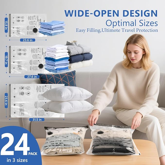 24 Pack Travel Vacuum Bags for Clothing with Rechargeable Wireless air Pump | Compression Packing Bags for Luggage Suitcase,Carry-on Size Space Saver Vacuum Storage Bags - Image 3