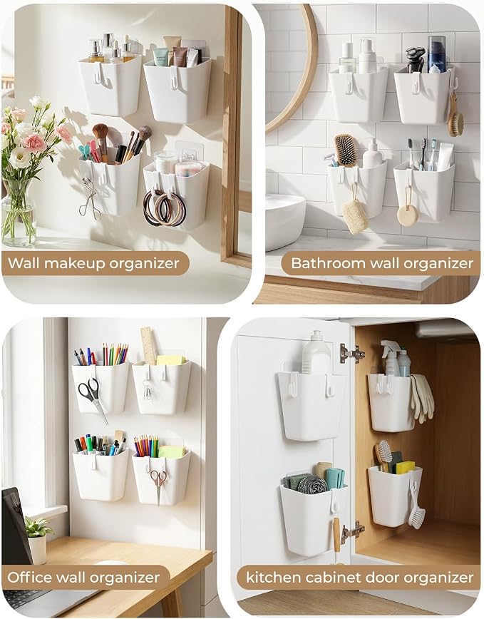 6 Pack Rolling Cart Accessories, White Craft Cart Cup Holder and 8 Hooks for Utility Carts Accessories, Adhesive Kitchen Cabinet Door Storage, Space-Saving Wall Mount Organizer for Bathroom, Office - Image 6