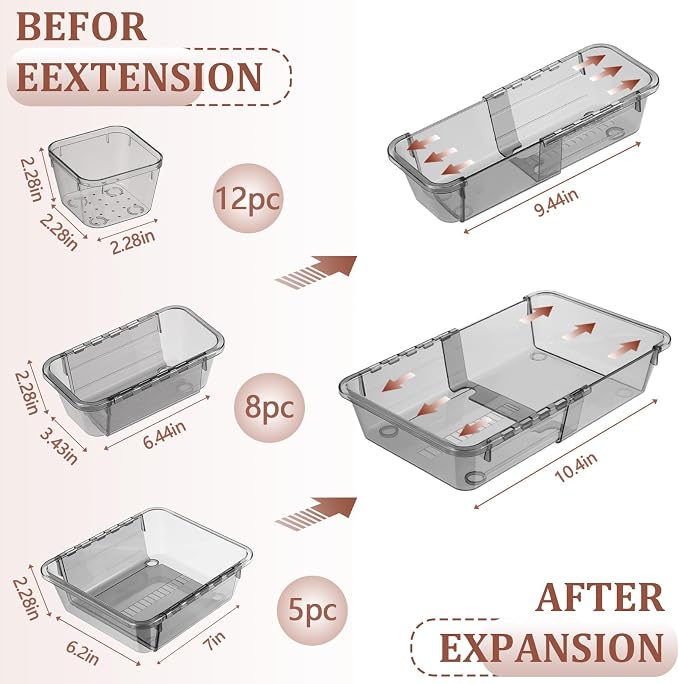 25 Pcs Clear Drawer Organizer, Adjustable Drawer Storage Box, 3-Size Desk Drawer Organizer, Acrylic Storage Bins for Makeup, Kitchen Utensils, Bedroom Dressers Tool Organizer for Gadgets, Black - Image 2