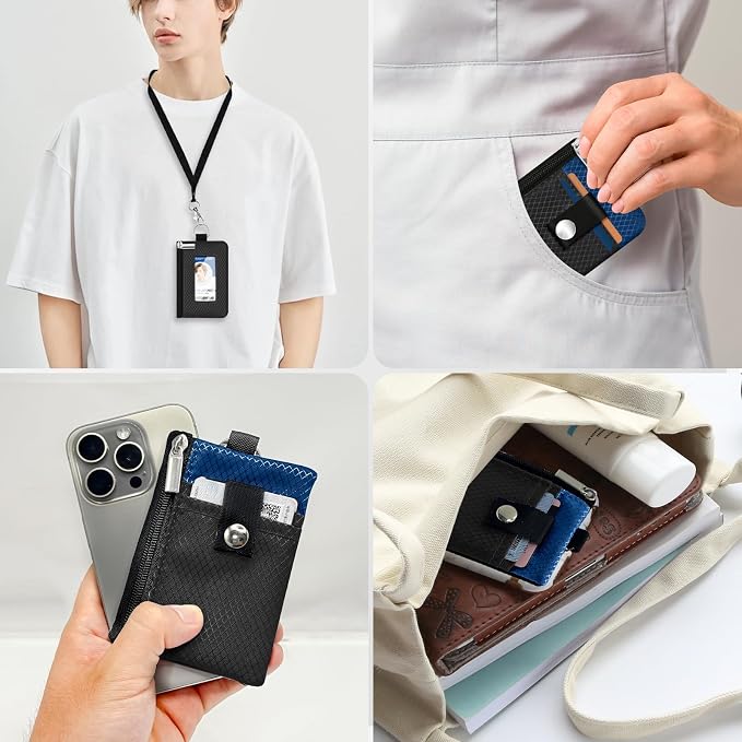 Minimalist RFID Blocking Small Wallet with ID Window,WaterResistant Zip Id Case Wallet with Lanyard Keychain for Cards,Cash,Travel,Women,Men (Black/Electric Blue) - Image 9