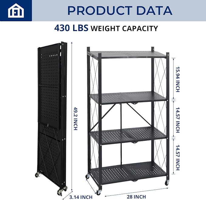 4 Tier Foldable Storage Shelf with Wheels, Collapsible Metal Rack Shelving Unit, No Assembly Required, Rolling Cart Shelf Rack Organizer for Books, Garage, Kitchen, Closet, Pantry, Exhibition, Black - Image 3