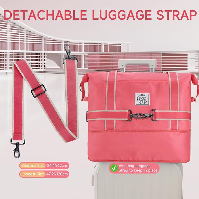 WALNEW Foldable Travel Duffel Bag, Weekender Bag for Women, Coral | Overnight Carry On Bag, Waterproof Gym Luggage with Metal Buckle Detachable Shoulder Strap and Wet Compartment - Image 7