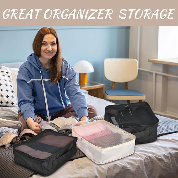 Silkfly 8 Pcs XL Packing Cube for Travel Luggage,Simple,Black Beige | 17.7 x 13 x 4.7, Same Size, Black and Beige Suitcase Storage Organizer Set, Reusable Mesh Clothes Cube for Hiking Camp Family - Image 6