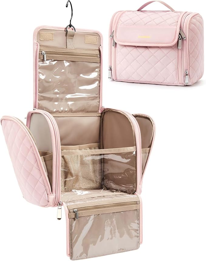 BAGSMART Makeup Bag for Women with Hanging Hook, Large Portable Capacity Water-resistant Organizer Travel Case for Toiletries and Cosmetics, Pink - Image 8