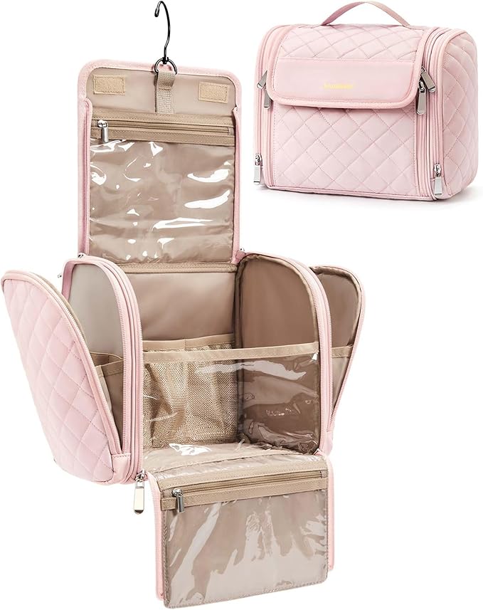BAGSMART Makeup Bag for Women with Hanging Hook, Large Portable Capacity Water-resistant Organizer Travel Case for Toiletries and Cosmetics, Pink by BAGSMART