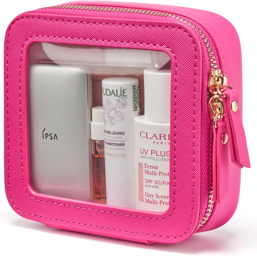 Mini Makeup Bag Clear Small Travel Cosmetic Case Leather Cute Hot Pink Pouch for Purse Organizer Make Up Bag for Women Car Toiletry Bag with Zipper for School by POPVIBE
