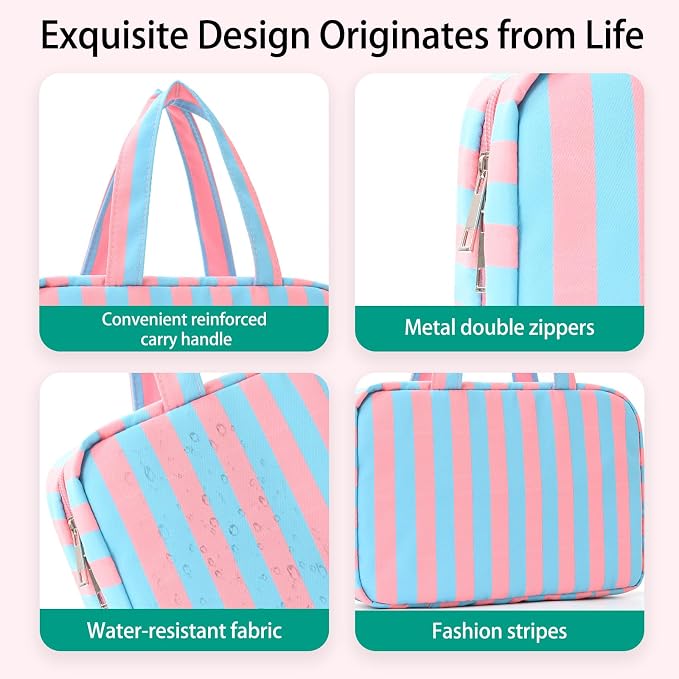 Toiletry Bag for Women Travel Water-resistant Cosmetic Bag Fashion Stripes Makeup Bag with Hanging Hook Preppy for Store Toiletries Cosmetic Accessories Medium Rose Red - Image 2