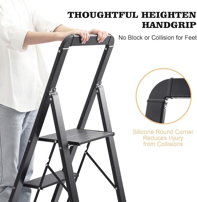 KINGRACK Aluminium 4 Step Ladder, Lightweight Step Stool with Non-Slip Pedals, Handrail, Foldable Step Ladder for Kitchen, Garage, Home, Space Saving, Sturdy and Portable, Black - Image 3