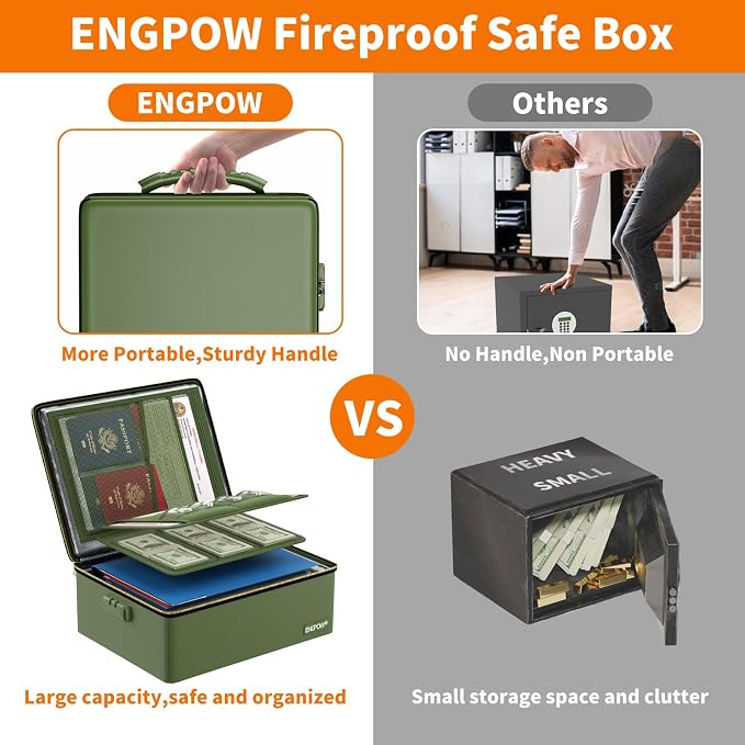 ENGPOW Fireproof Document Box with Lock & Heat-Resistant Fireproof Zipper | 6400°F 12-Layer Fire Protection, Hard File Organizer with Pockets, Portable Home Chest Safe Storage for Money,Jewelry, Green - Image 8