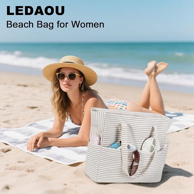 LEDAOU Beach Bag Waterproof Sandproof Women Beach Tote Pool Bag with Zipper for Swim Gym Grocery Travel with Wet Pocket | Sandproof - Image 2