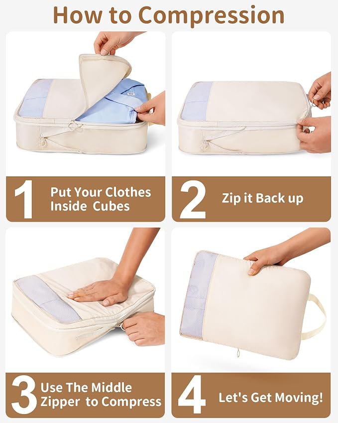 11pc Compression Packing Cubes for Travel, Expandable Suitcase Organizer Bags Set for Carry on Luggage, Essential Travel Accessories for Clothes, Beige - Image 8