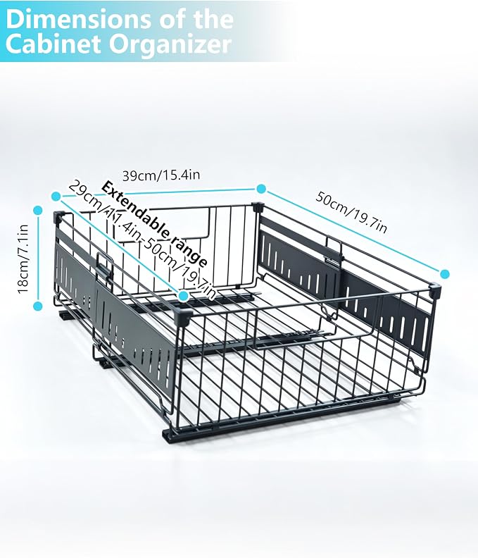 KimHong 2 Pack Pull Out Cabinet Organizer, Expandable Drawer Organizer with Adjustable Width 12.4"-19.5", Adhesive No Drill Under Cabinet Shelves for Home Kitchen Pantry with Silent Slides - Image 5