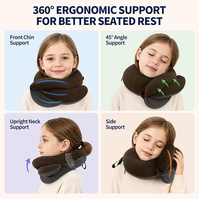 Kids Travel Pillows for Airplane, Memory Foam 360° Head Support Sleeping Essentials for Boys Long Flight, Skin-Friendly Soft Neck Pillow for Traveling in Car Seat, (Small, Brown Grey, 40-90 lbs) - Image 2