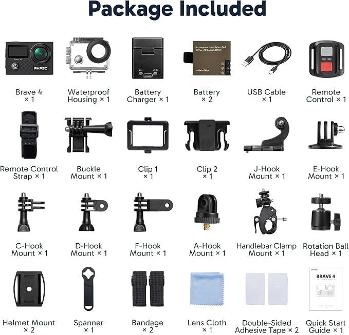 AKASO Brave 4 Action Camera 4K30fps with 64GB Micro SD Card Bundle | 20MP EIS WiFi 170° FOV 5X Zoom Waterproof Underwater Camera for Snorkel, Travel, Bicycle, Helmet, Motorcycle Accessories Kit - Image 9