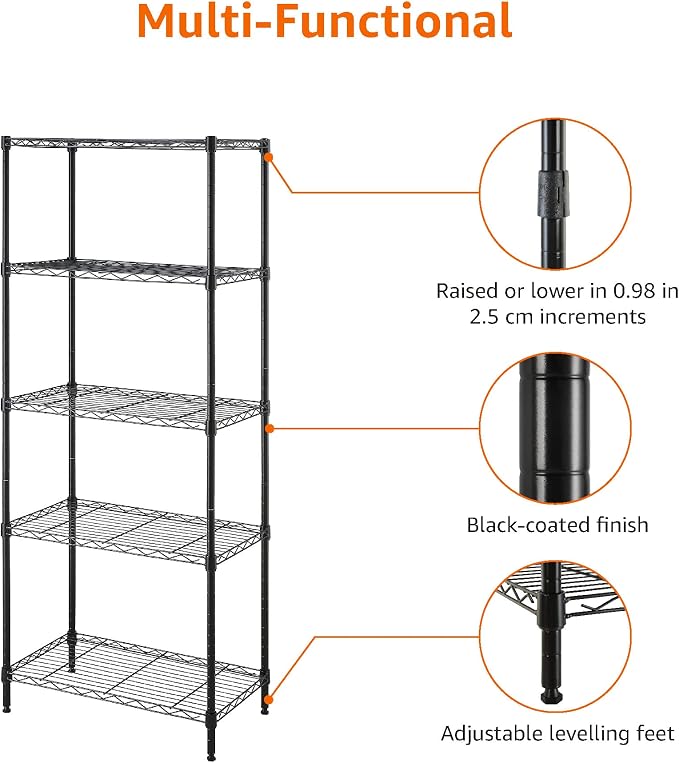 Amazon Basics 5-Shelf Multipurpose Adjustable Steel Garage Shelving Unit, Storage Rack for Kitchen, 200 lbs Per Shelf, Easy Assembly, 13.4"D x 23.2"W x 60"H, Black - Image 6