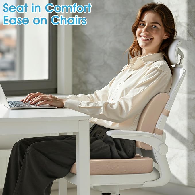 CushZone Seat Cushion and Lumbar Support Pillow for Office Chair, Khaki | Ergonomic Memory Foam for Sciatica Pain Relief & Posture Correction, Non-Slip Chair Cushions for Car, Wheelchair and Travel - Image 2