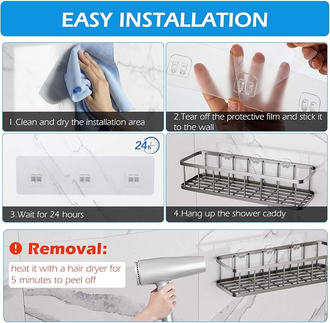 10 Pack Shower Caddy Adhesive Replacement, Shower Adhesive Strips, Strong Adhesive Hooks, Waterproof Sticker, No Drilling, for Bathroom Shelf and Kitchen Racks - Image 5