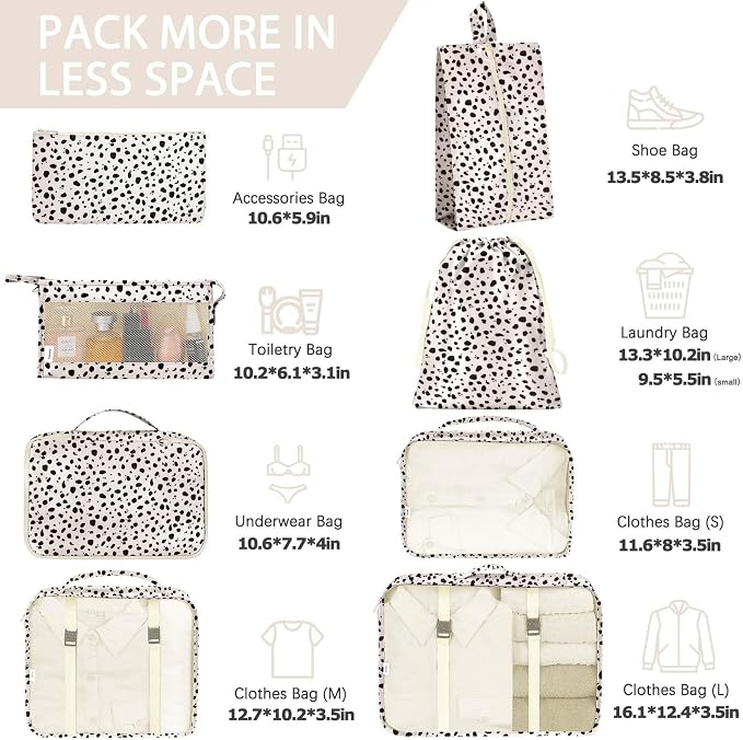 KPX 8 Set Packing Cubes for Travel, Luggage Packing Organizers Accessories Large Toiletries Bag for Clothes Shoes Cosmetics (Leopard) - Image 2