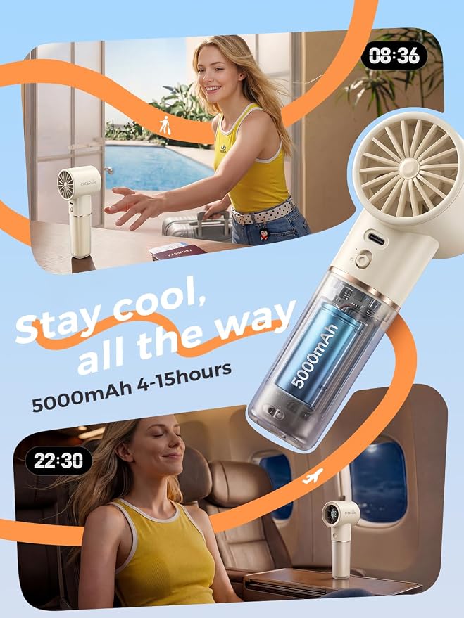 Handheld Portable Fan, 6-Speed Rechargeable Powerful Mini Fan | 5000mAh Battery Up to 15 Hours Runtime, Smart LED Display, Pocket Turbo Personal Fan for Travel, Camping, Makeup - Image 3