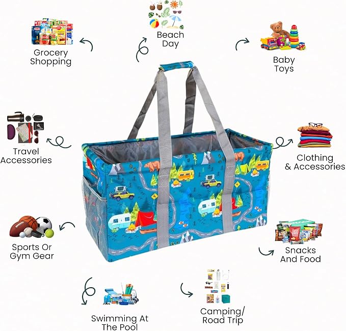 Extra Large Utility Tote Bag - Oversized Collapsible Reusable Wire Frame Rectangular Canvas Basket With Two Exterior Pockets For Beach, Pool, Laundry, Car Trunk, Storage - Camping - Image 3