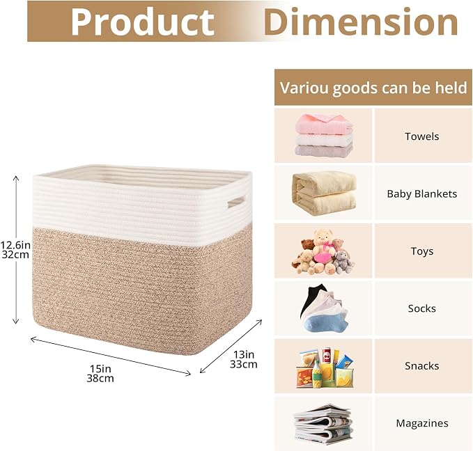 OIAHOMY 13 Inch Cube Storage Bins, 3-Pack Cotton Rope Woven Baskets for Organizing, Insert Storage Baskets for Shelves, Baby Nursery, Closet Organizer, 15 * 13 * 12.6IN, Brown & White - Image 2