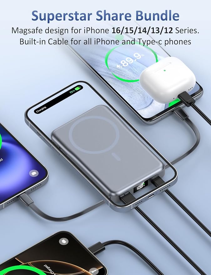 Magnetic Portable Charger 10000mAh, 20W Power Bank with Built in Cable | 20W Fast Charging for Magsafe Battery Pack with LED Display, Travel Essential for iPhone 17/16/15/14/13 Pro/Pro Max-SpaceGrey - Image 2