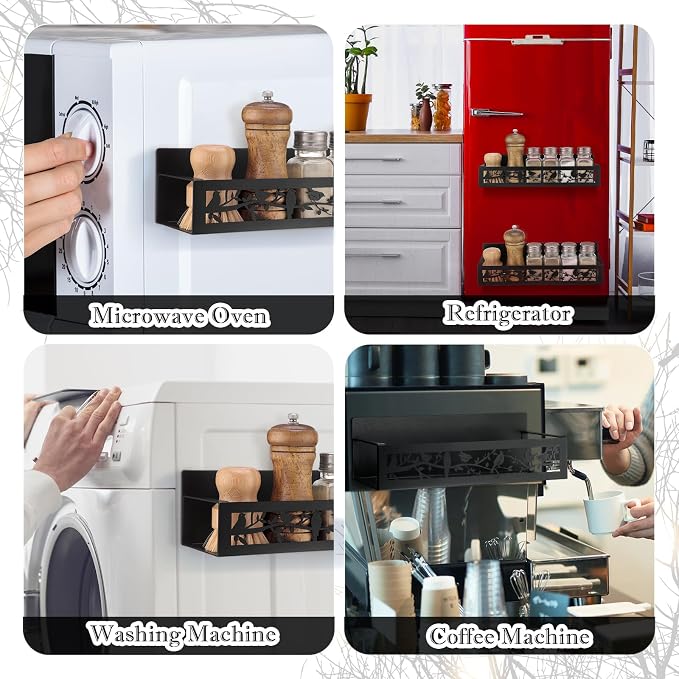 Beeveer 2 Pcs Magnetic Spice Rack for Refrigerator, Black Bird | Farmhouse Boho Rustic Kitchen Decor Accessories, Bird Lovers Gift, 2 Sizes Metal Storage Shelf for Fridge Spices, No Drilling - Image 4