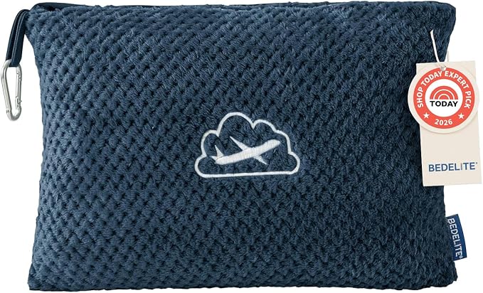 BEDELITE Travel Blanket with Bag, Jacquard Fleece Blanket 65"x40", Navy | Ultra-soft Airplane Blanket, Luggage Sleeve & Backpack Clip, Travel Essentials for Women, Foldable as Pillow for Long Flight by BEDELITE