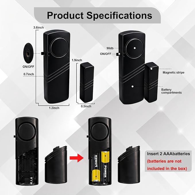 Door Window Alarm, 90dB Door Alarms Sensor for Kids Safety, Home Security, Door Window Burglar Alarm, Window Pool Alarms for Home, Apartments, Offices, Hotel Rooms (4pack-Black) - Image 2