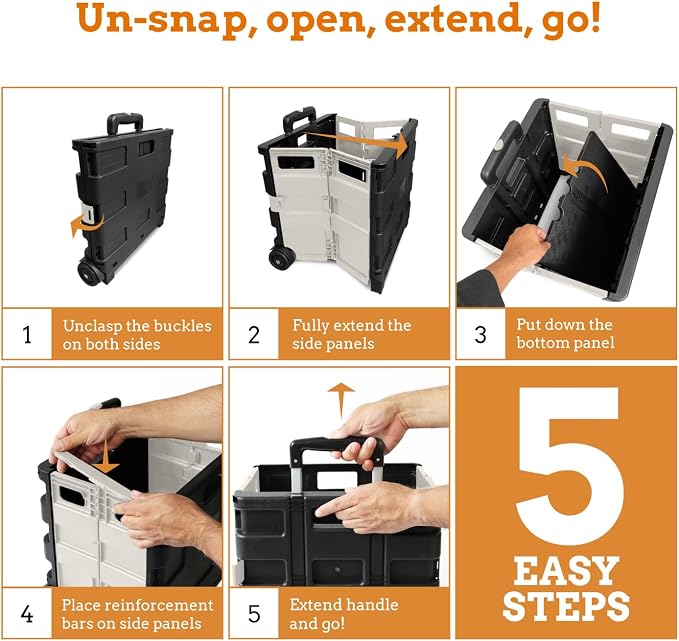 Inspired Living Ultra-Slim Rolling Collapsible Storage Pack-N-Roll Utility-carts, with Telescopic Handle, for Home, Garden, Shopping, Office, School use, Medium, White & Black - Image 9