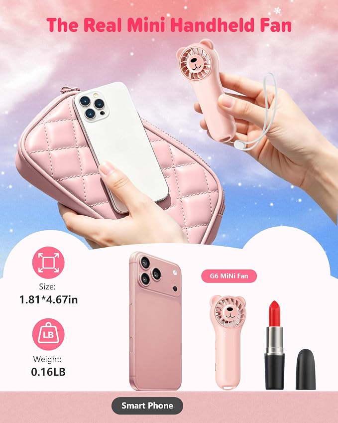 Portable Handheld Fan, Cute Bear Mini Fan with 11000 RPM High Speed, Rechargeable Personal Fan with 4 Speeds, Pocket Small Fan for Travel, Makeup, Lash, Gifts for Women Girl - Pink - Image 6