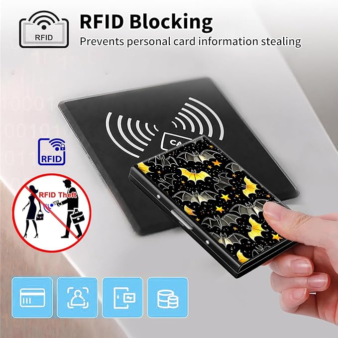 Metal Wallet,Credit Card Holder for Women Men,RFID Blocking Card Holder Mini Slim Aluminum Wallet ID Case Hard Case Business Card Holder Case,Black Gloden Bat - Image 3